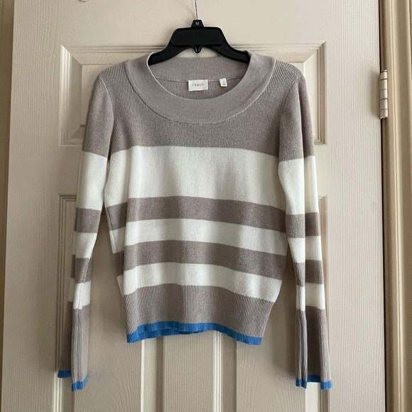 Cyrus Taupe and White Crew Neck Sweater with Striped Design - Picture 1 of 3